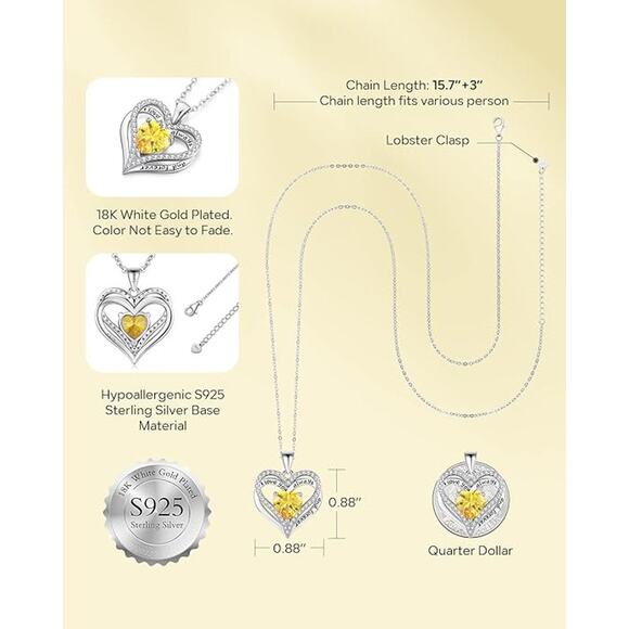 BRAND NEW ~ Sterling Silver Necklace Heart Love Citrine Cubic Zirconia Pendant - Picture 3 of 4